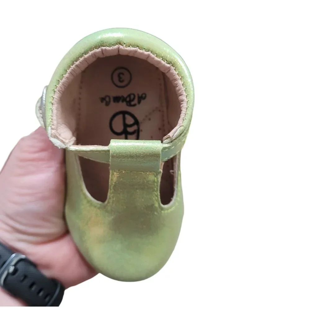 NEW A Bear Co Toddler Size 3 Smooth Glitter T-Strap Flats‎ Green Girls